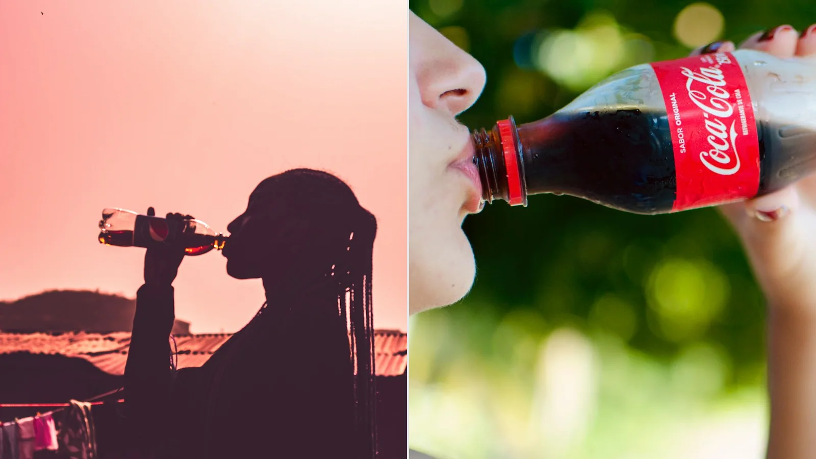 Two editorial photographs: a woman drinking Pepsi at sunset and another woman drinking Coca-Cola outdoors.